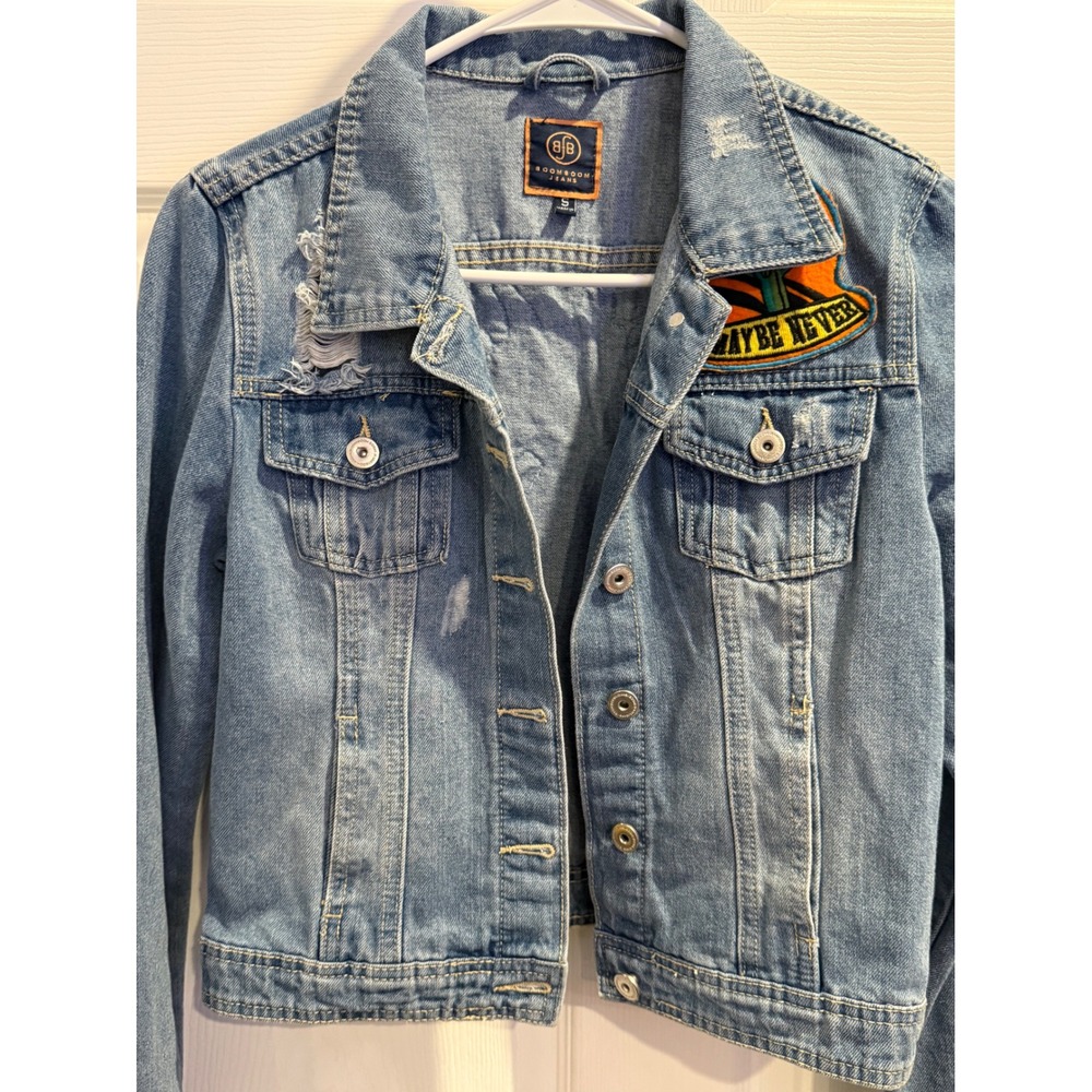 Boom Boom Jeans‎ Distressed Denim Jacket Sequin Pineapple Cactus Patch Small